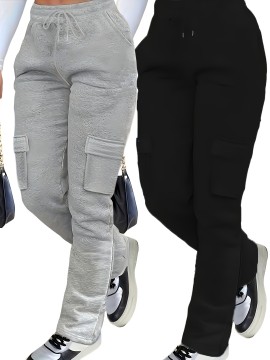 2pcs Women'S Casual Jogger Pants with Pockets - Soft Fleece-Lined, Elastic Waistband, Drawstring, Loose Fit, Solid Color (Black & Gray), Perfect for All Seasons, Comfortable Clothing | Relaxed Fit Pants | Soft Fleece Lining, Jogging Pants