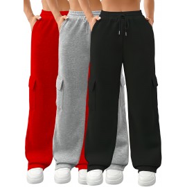 3pcs Women'S Cargo Pants - Solid Color Athletic Joggers with Drawstring Waist, Multiple Pockets, Elastic Cuffs & Hem, All-Season Comfort for Casual & Wear, Jogging Pants, Wear, Functional Pockets, Durable Fabric