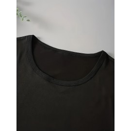 Women's Plus Size Geometric Christmas Tree Print T-Shirt - Polyester Blend Crew Neck Tee with Medium Stretch, Casual Short Sleeve Top for Spring/Summer - Festive Black Fashion