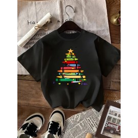 Women's Plus Size Geometric Christmas Tree Print T-Shirt - Polyester Blend Crew Neck Tee with Medium Stretch, Casual Short Sleeve Top for Spring/Summer - Festive Black Fashion