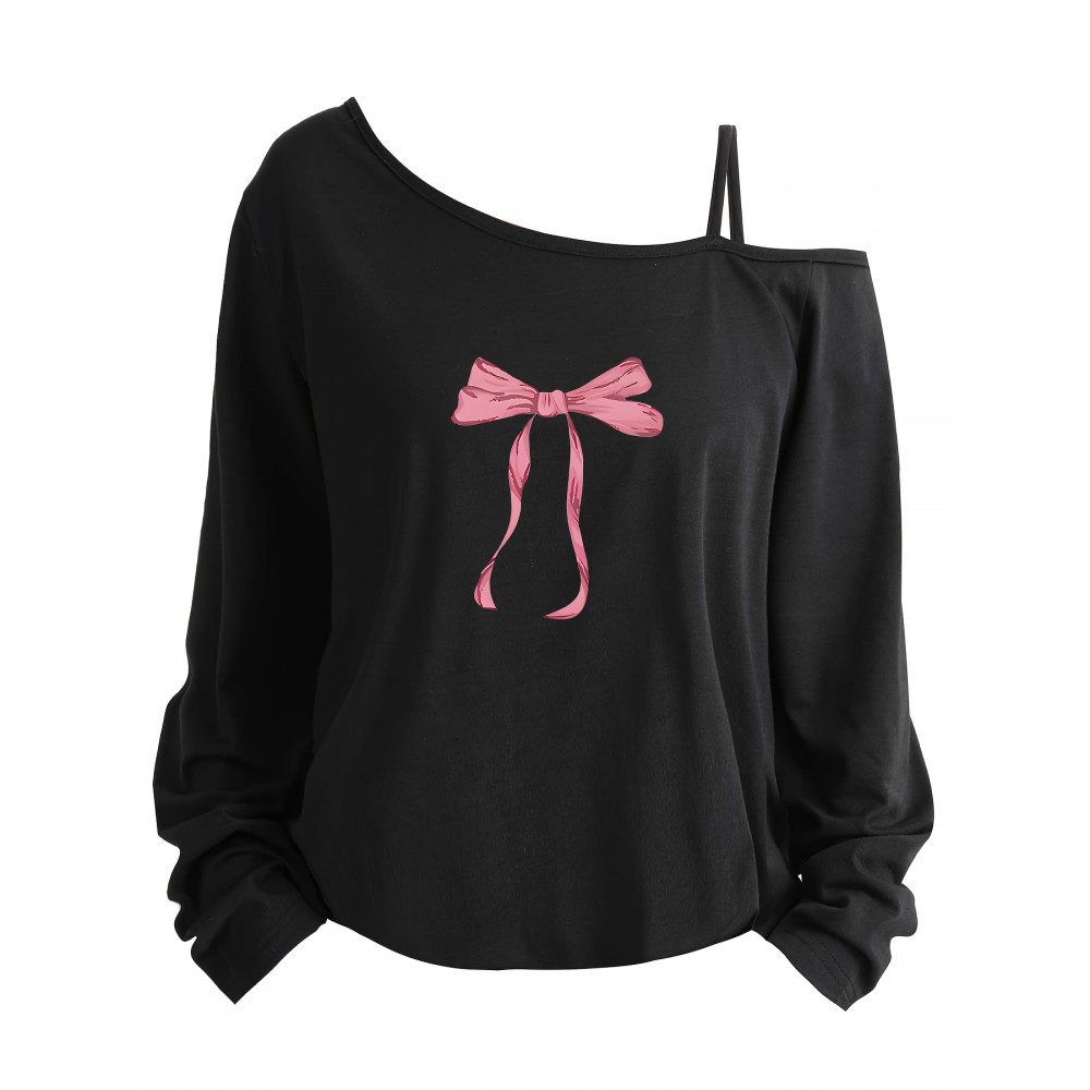 Plus Size - Plus Size Women'S Casual Long Sleeve Cami Top with Pink Bow Print - Asymmetrical Neckline, Soft Polyester Blend, Machine Washable, All-Season Comfort Fit, Ladies T Shirts