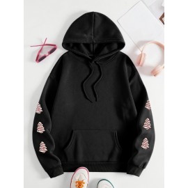 Winter Warmth | Women's Plus Size Christmas Tree Print Hoodie - Cozy Long Sleeve Pullover with Pockets, Festive 
