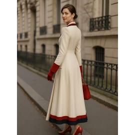 New High-End Fashion Versatile Stylish Goddess and Mature Tweed Coat with Color Blocking, French Style Metal Double-Breasted Long Overcoat, Casual Commuter Women's Outerwear