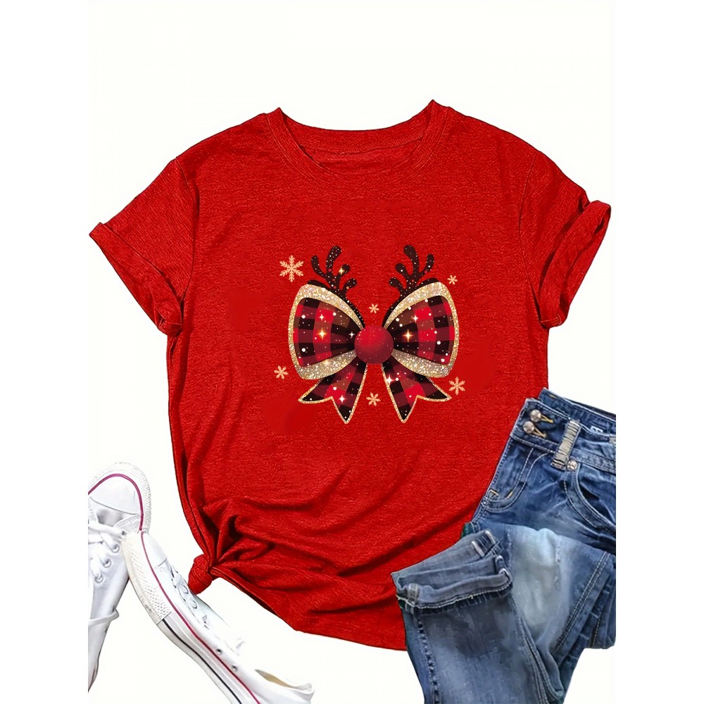 1pc Women'S Plus Size Christmas T-Shirt - Casual Crew Neck Polyester Top with Slight Stretch, Festive Reindeer Bow Print, Knit Fabric Short Sleeve Tee for Summer