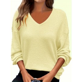 Plus Size - Plus Size V-Neck Pullover Sweatshirt - Soft Stretchy Casual Elegant Long Sleeve Top, Solid Color Spring/Fall Layering Essential for Women & Men, Comfortable Casual Attire, Relaxed Fit, Medium Elasticity