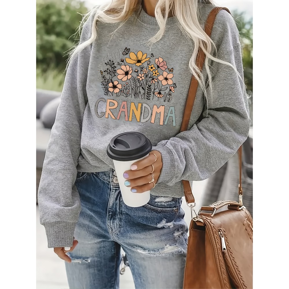 [Polyester Floral Grandma Sweatshirt] Polyester 100% Floral Grandma Graphic Pullover Sweatshirt - Plus Size, Crew Neck, Slight Stretch, Casual Sportswear for Fall/Winter - 260g/m²